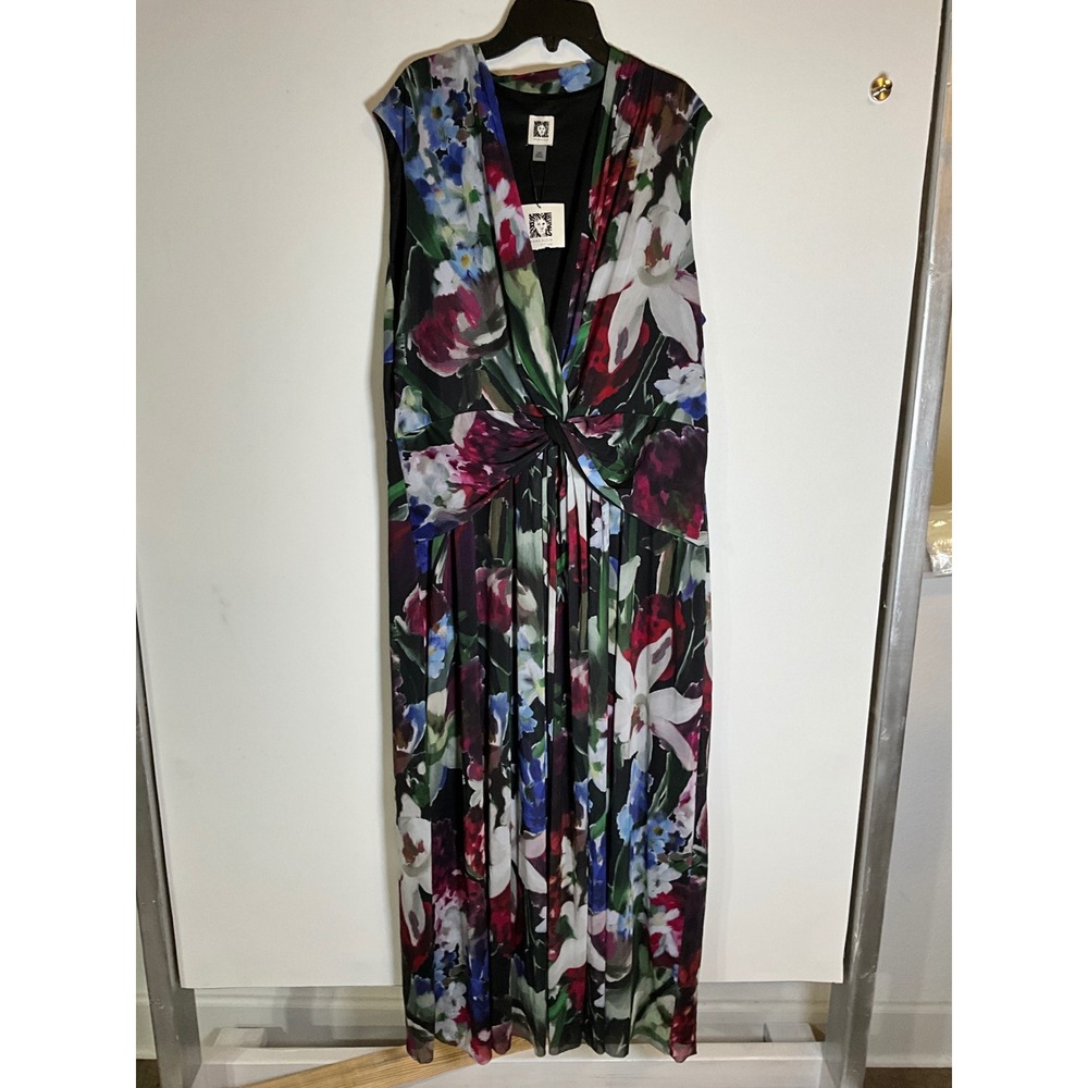 Anne Klein Women 18W Floral Twist Front V-Neck Mesh Maxi Dress Sleeveless Gown